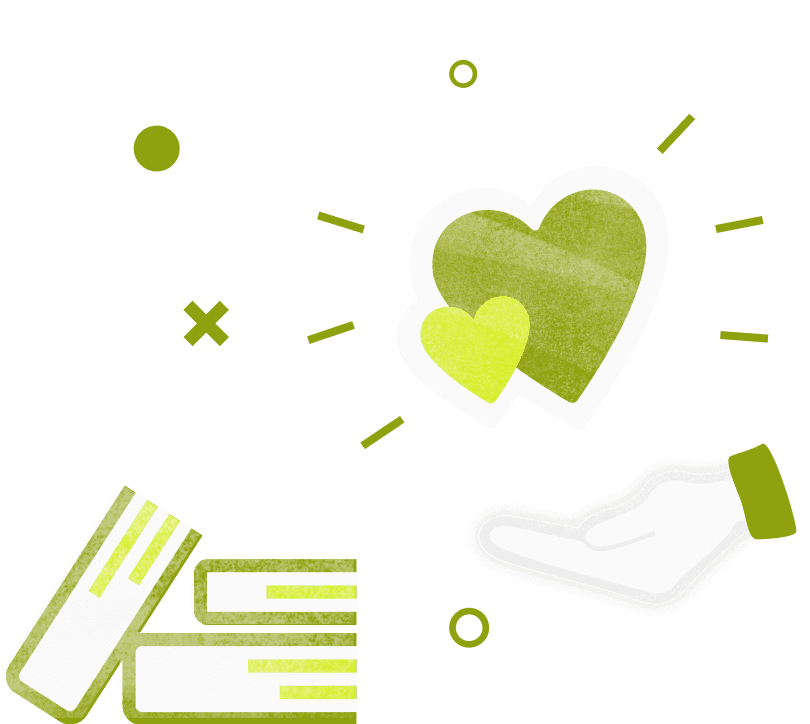 Illustration of a hand holding green hearts near books.